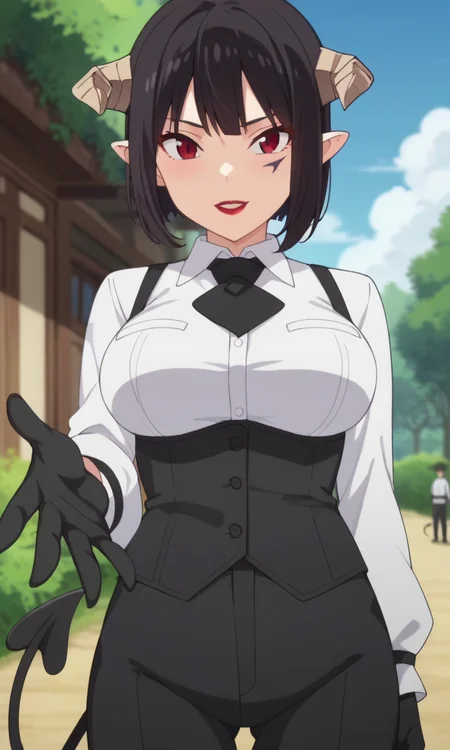 score_9, score_8_up, score_7_up, 1girl,  <lora:torture_tortura:1> torturaxl, red eyes, black hair, short hair, pointy ears, facial mark, black gloves, large breasts, red lips, demon horns, demon tail, black pants, black corset, white shirt, collared shirt, long sleeves, black necktie, vest, demon girl, looking at viewer,  reaching, solo focus,  outdoors, blue sky, nature, standing, anime style, screencap