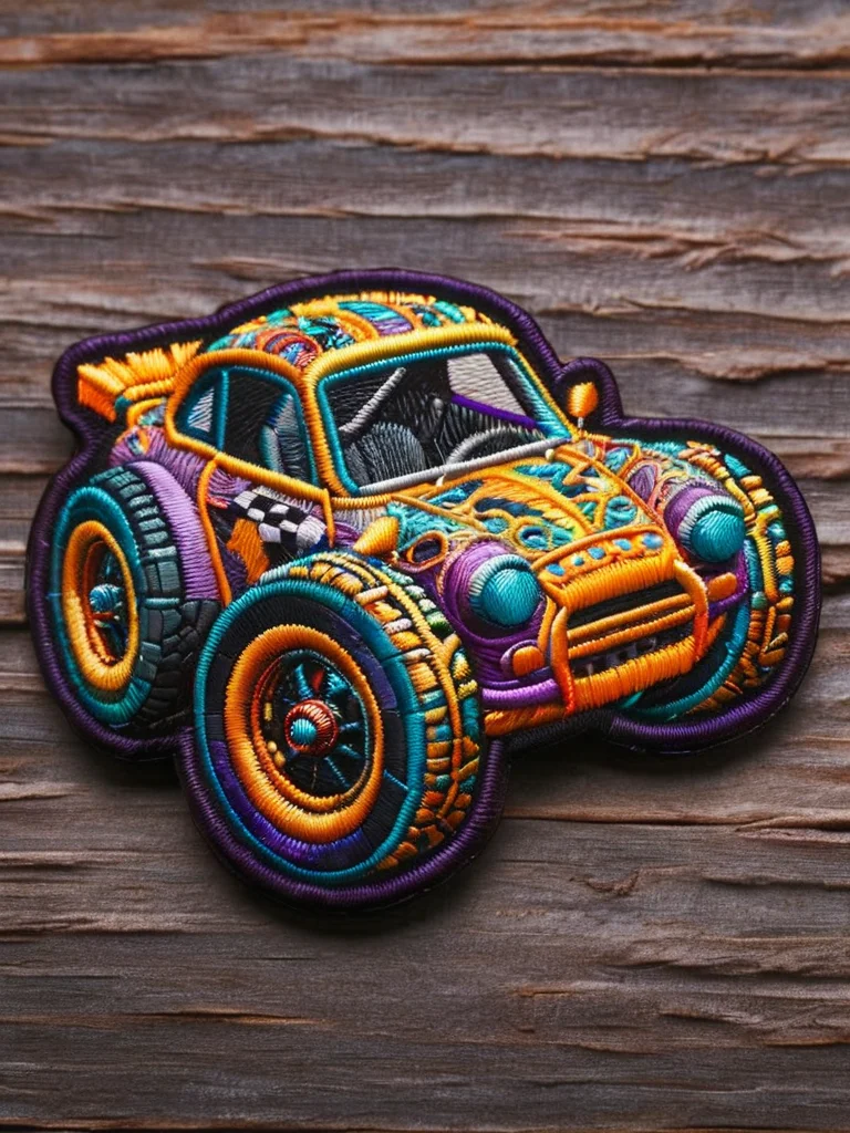 a race car, tire view, <lora:ral-embroideredpatch:1> ral-embroideredpatch, purple and yellow gradient background