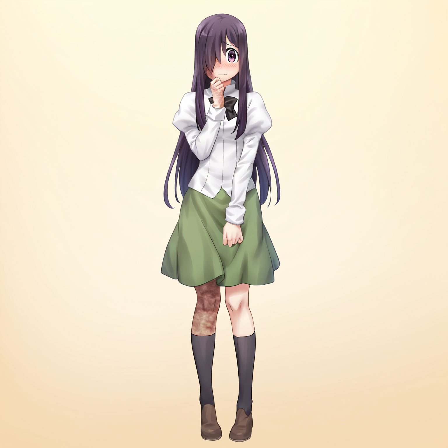 masterpiece, best quality, amazing quality, very aesthetic, absurdres, newest,
1girl, solo, standing, looking at viewer, full body,
<lora:Katawa_Shoujo_charpack_illust-000011:1>, katawa shoujo, yamaku high school uniform, ikezawa hanako, long hair, hair over one eye, purple hair, purple eyes, burn scar, shy,
game cg, simple background,