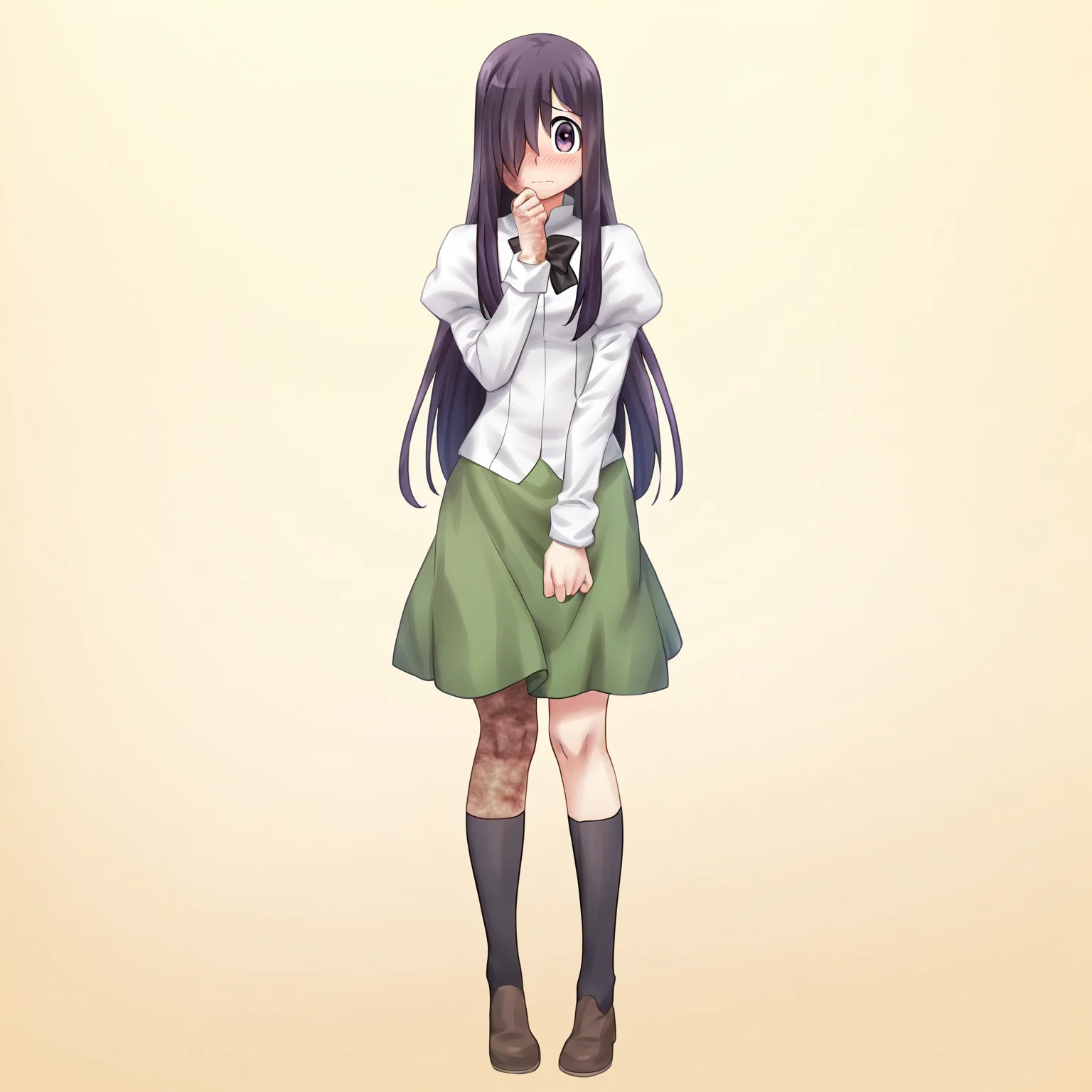masterpiece, best quality, amazing quality, very aesthetic, absurdres, newest,
1girl, solo, standing, looking at viewer, full body,
<lora:Katawa_Shoujo_charpack_illust-000011:1>, katawa shoujo, yamaku high school uniform, ikezawa hanako, long hair, hair over one eye, purple hair, purple eyes, burn scar, shy,
game cg, simple background,