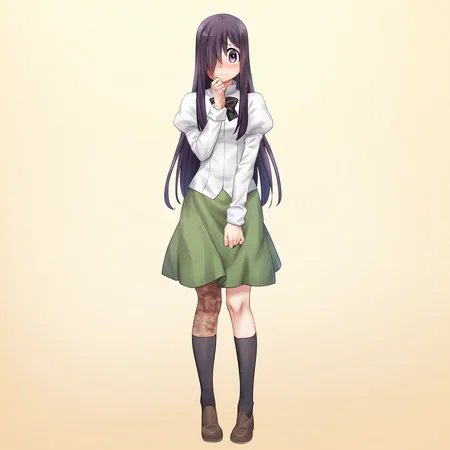 masterpiece, best quality, amazing quality, very aesthetic, absurdres, newest,
1girl, solo, standing, looking at viewer, full body,
<lora:Katawa_Shoujo_charpack_illust-000011:1>, katawa shoujo, yamaku high school uniform, ikezawa hanako, long hair, hair over one eye, purple hair, purple eyes, burn scar, shy,
game cg, simple background,