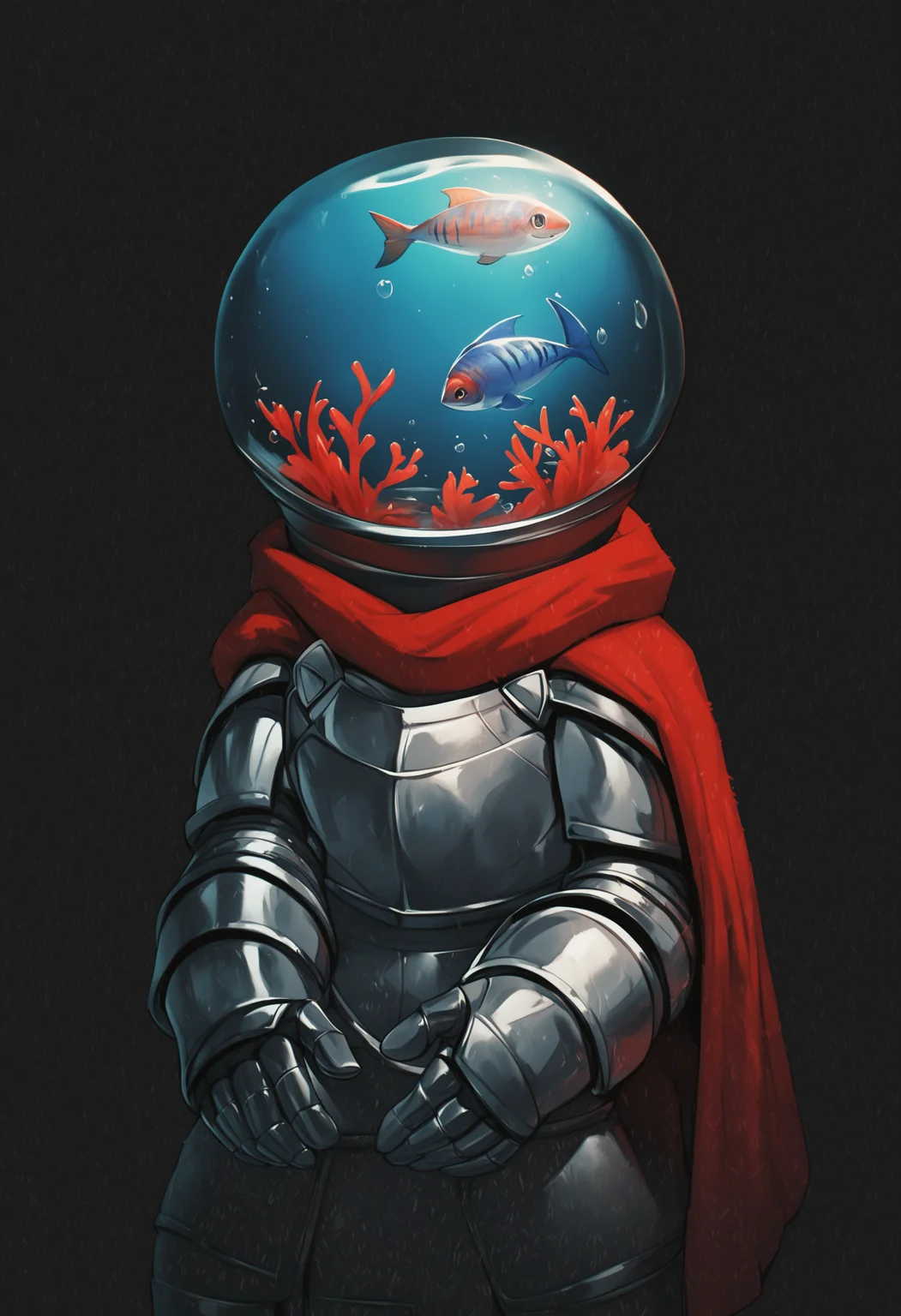 <lora:Zazu-a:1> hattiezazu, digital art, soft light, score_9, score_8_up, score_7_up, score_6_up, score_5_up, score_4_up, armored medieval knight, solo, [sphere glass futuristic helmet: head shaped as round aquarium: 0.2], [fish swimming in aquarium :0.3],BREAK red cloak, metal gloves, black background,