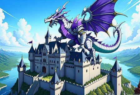 a dragon dorugoramon hovering over a castle,2d,digital art,detailed,intricate detail,full color,80s style