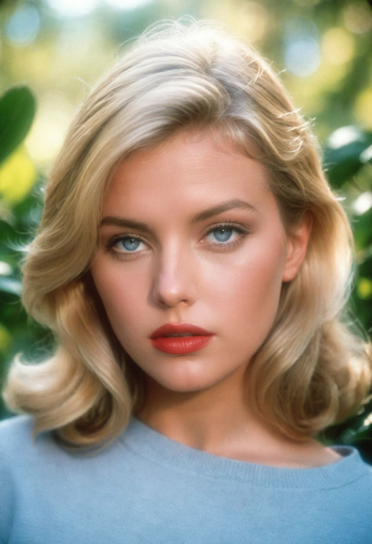 ((CinematicPortrait analog photo)) blonde woman outdoors, blue eyes, (glossy  lipstick), (vegetation), ((soft focus, depth of field, film grain, looking at viewer)) <lora:CinematicPortraitXL_v3:0.65>