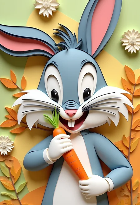 paper quilling, layered paper, close up on bugs bunny eating a carrot