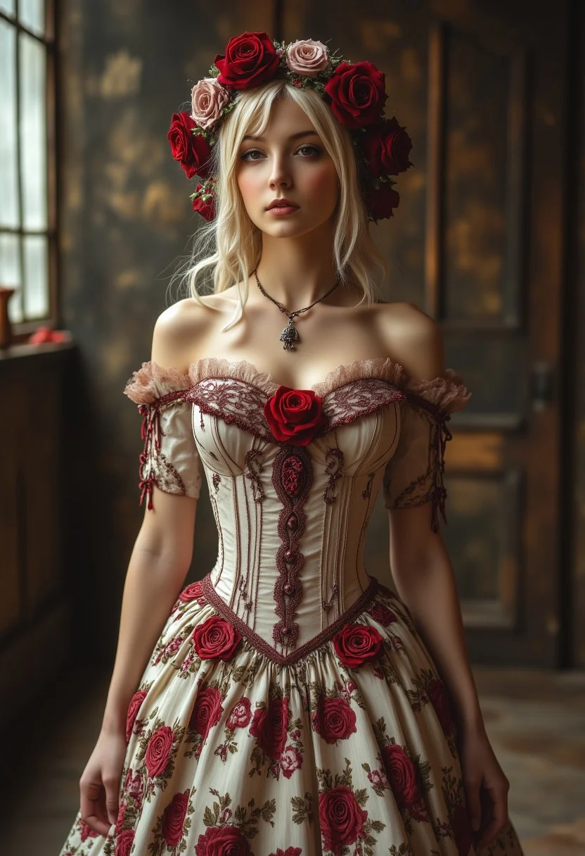 The image is a highly detailed, photorealistic digital artwork featuring a young woman with a delicate, ethereal appearance. She is dressed in an elaborate, ornate gown that resembles Victorian-era fashion. The gown is off-shoulder, off-white with intricate lace detailing and a rich, deep red floral pattern. The bodice is fitted with a corset-style design, cinched at the waist, and adorned with a prominent red rose at the center. Her long, platinum blonde hair is styled in loose, flowing waves, adorned with a lush arrangement of red roses and greenery. She wears a delicate, silver necklace with a pendant that matches the rose motif.
Perfect hand, Detailed hand