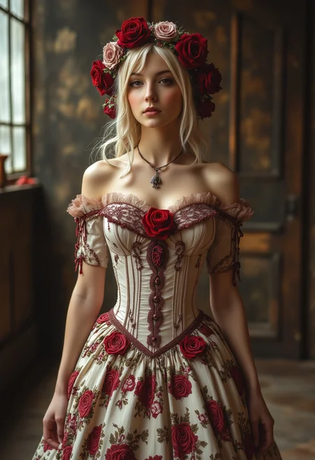 The image is a highly detailed, photorealistic digital artwork featuring a young woman with a delicate, ethereal appearance. She is dressed in an elaborate, ornate gown that resembles Victorian-era fashion. The gown is off-shoulder, off-white with intricate lace detailing and a rich, deep red floral pattern. The bodice is fitted with a corset-style design, cinched at the waist, and adorned with a prominent red rose at the center. Her long, platinum blonde hair is styled in loose, flowing waves, adorned with a lush arrangement of red roses and greenery. She wears a delicate, silver necklace with a pendant that matches the rose motif.
Perfect hand, Detailed hand