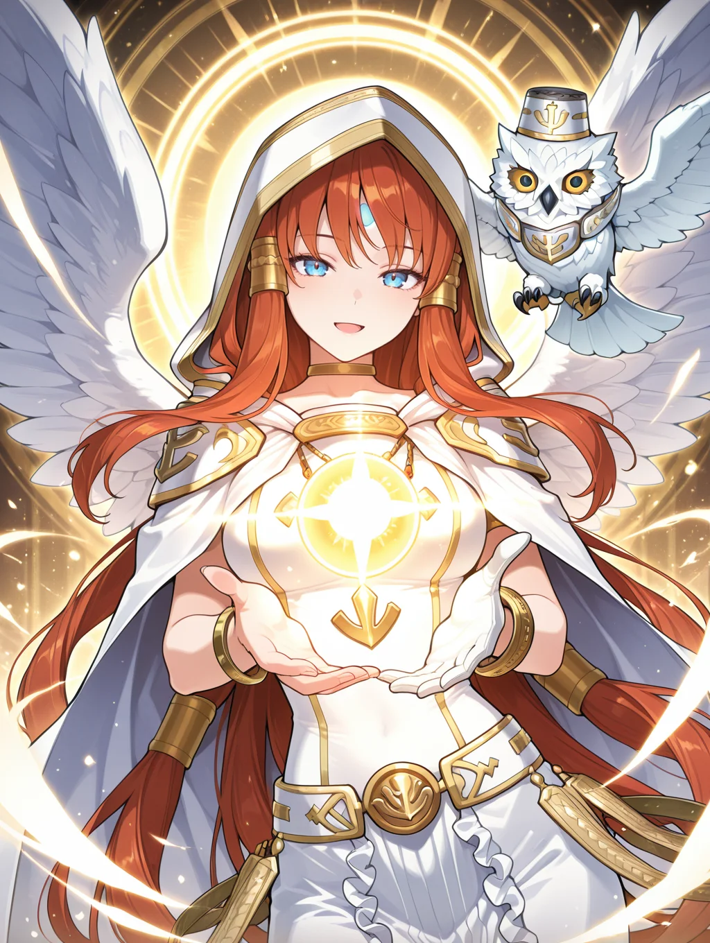 minerva - the exalted lightsworn,1girl,1other,white owl,smile,looking at viewer,gold hair tubes,solo,open mouth,angel wings,gold choker,white cape,glowing,magic,sparkle,white long dress,single white glove,hood up,white hood,gold bracelet,red jewelry,blue forehead mark,
masterpiece,best quality,amazing quality,very aesthetic,absurdres,newest,<lora:Minerva, the Exalted Lightsworn illuXL v1.1:0.75>,