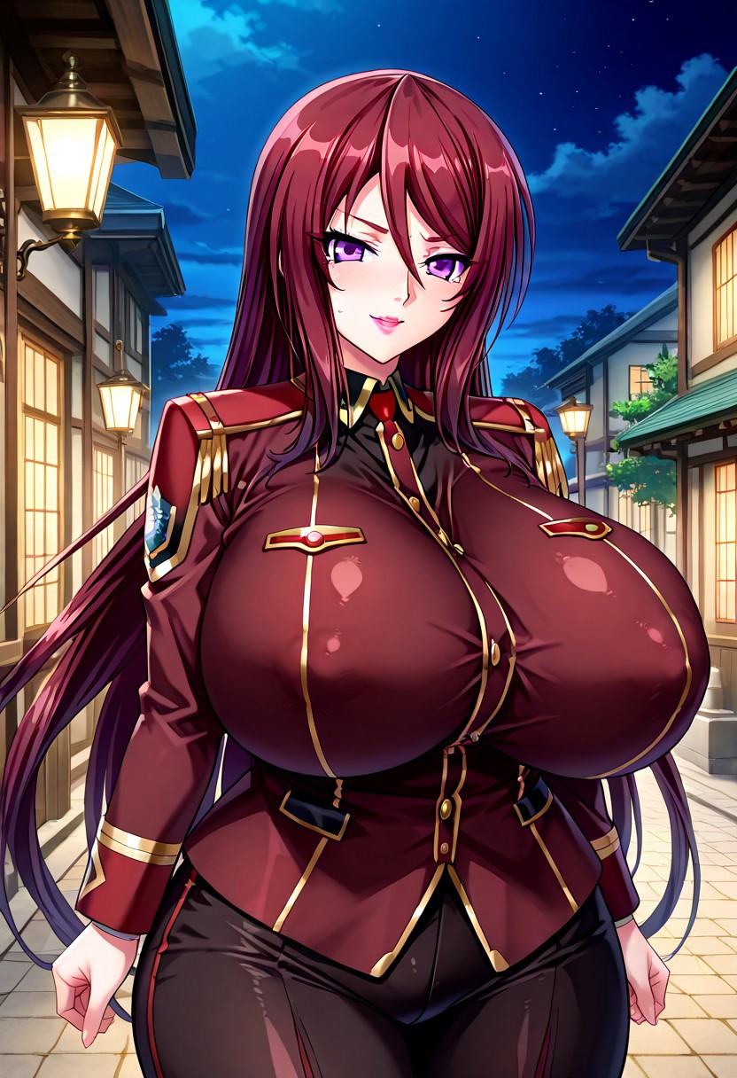Best quality,masterpiece,soft light,official art,masterpiece,high quality,highres,absurdres,epic scene,natural textures,highest quality, detailed,perfect_eyes,
 from front,outdoor,standing, smile,night,military uniform, 
Beatrice Kushan,red hair, purple eyes, long_hair, huge breasts, mature body, lipstick,