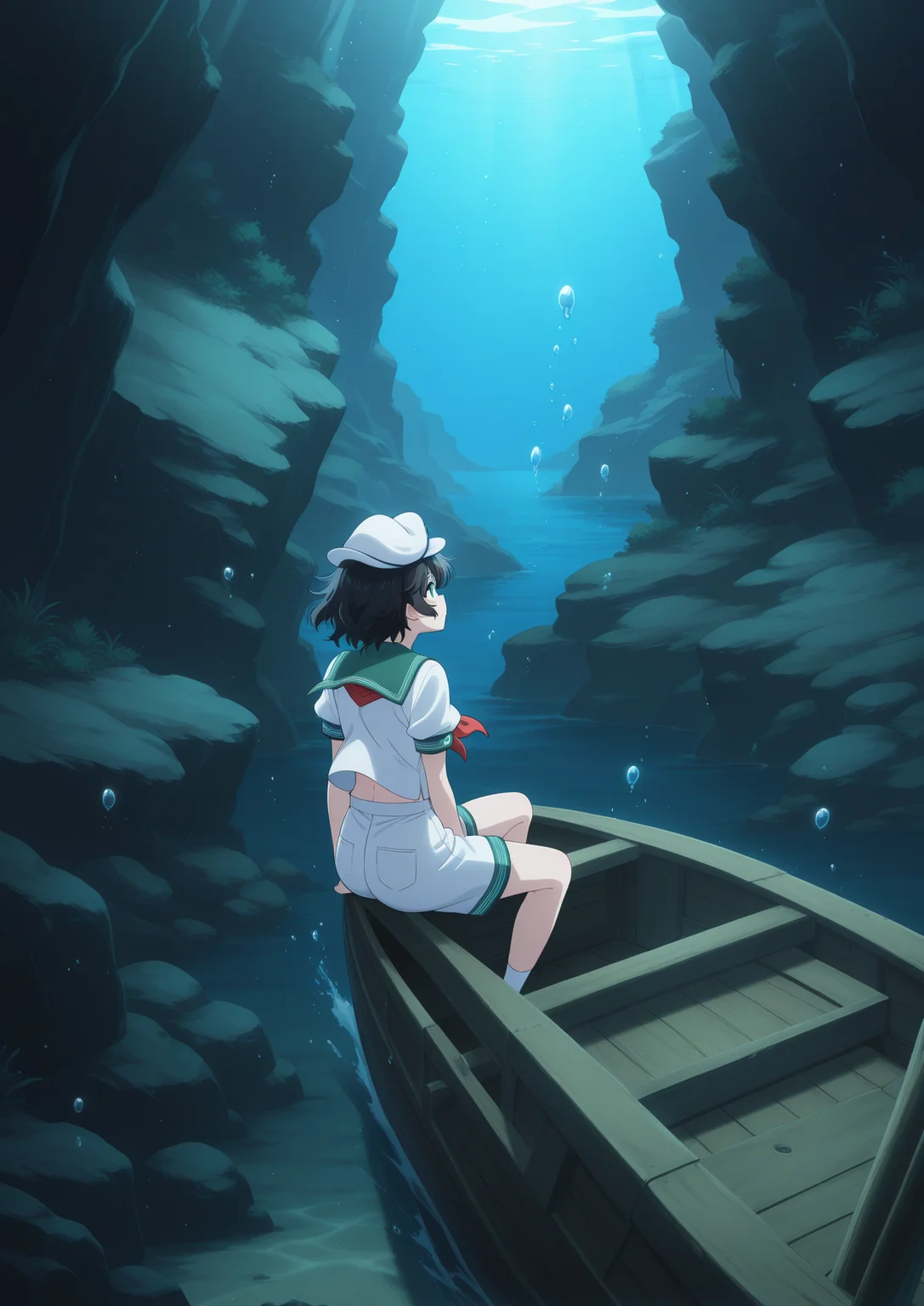 absurdres, highres, masterpiece, best quality, amazing quality, official anime artwork, screencap, anime screencap,
<lora:Minamitsu-Murasa_Illustrious:1> murasa minamitsu, 1girl, solo, green eyes, black hair, short hair,, white hat, sailor hat, white shirt, short sleeves, green sailor colar, red neckerchief, white shorts,
dynamic pose, underwater, bobbles, water, deep ocean, boat, sitting, from behind, from the back, wreck