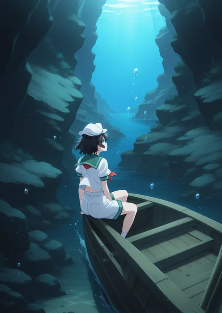 absurdres, highres, masterpiece, best quality, amazing quality, official anime artwork, screencap, anime screencap, 
<lora:Minamitsu-Murasa_Illustrious:1> murasa minamitsu, 1girl, solo, green eyes, black hair, short hair,, white hat, sailor hat, white shirt, short sleeves, green sailor colar, red neckerchief, white shorts, 
dynamic pose, underwater, bobbles, water, deep ocean, boat, sitting, from behind, from the back, wreck