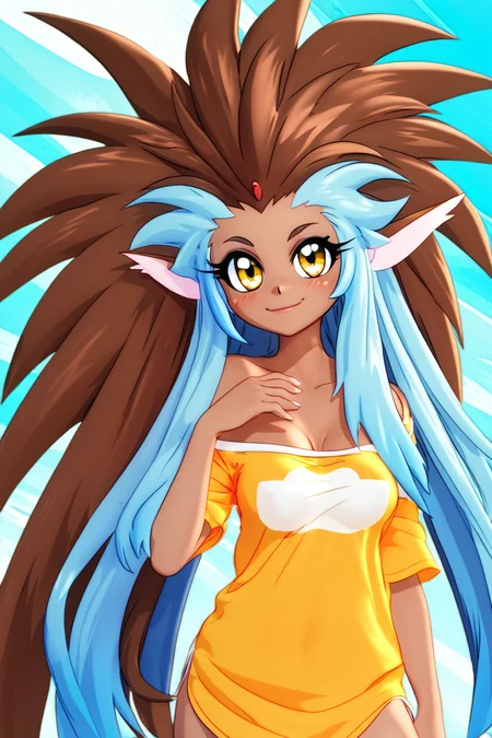 score_9, score_8_up, score_8, medium breasts, (curvy), cute, eyelashes, ,,, , ,,, zzRyouOuki, long hair, animal ears, dark skin, multicolored hair, blue hair, brown hair, yellow eyes, dark-skinned female, two-tone hair, spiked hair, very long hair, big hair, furry, oversized shirt, retro artstyle, <lora:RyouOuki_PDXL:1.0>, ,,,, BREAK, smile, closed mouth, looking at viewer, cowboy shot, ,,, embedding:zPDXL, Expressiveh, ,,, <lora:MantisStyle_PDXL_v2:0.8>, <lora:SDXLFaeTastic2400:0.5>, <lora:Expressive_H-000001:0.4>,