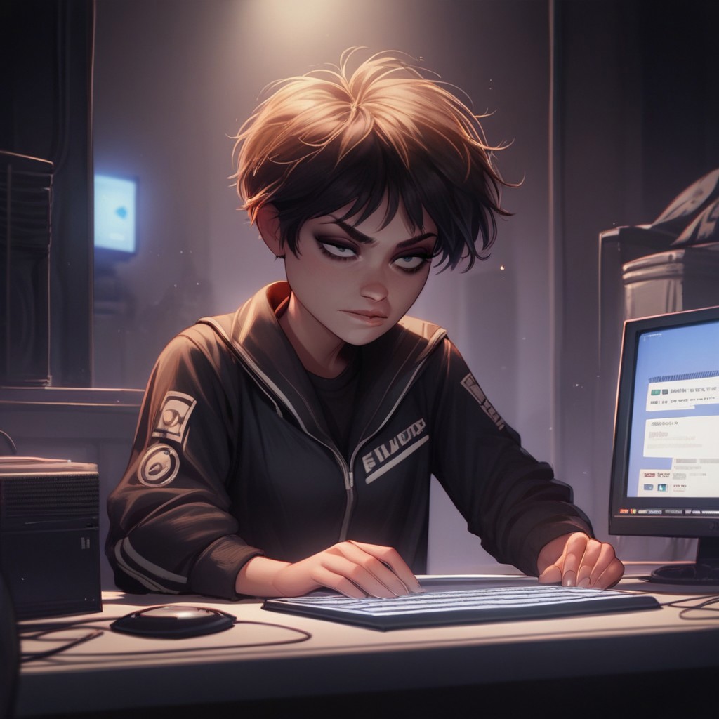 score_9, score_8_up, score_7_up, score_6_up, score_5_up, score_4_up, rating_questionable, 1girl, EvelynD, dark room, computers, tvs, black jumpsuit, short hair