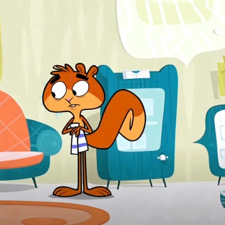 Scaredy Squirrel, squirrel, squirrel tail, black eyes, animal nose, animal ears, towel, indoors, standing