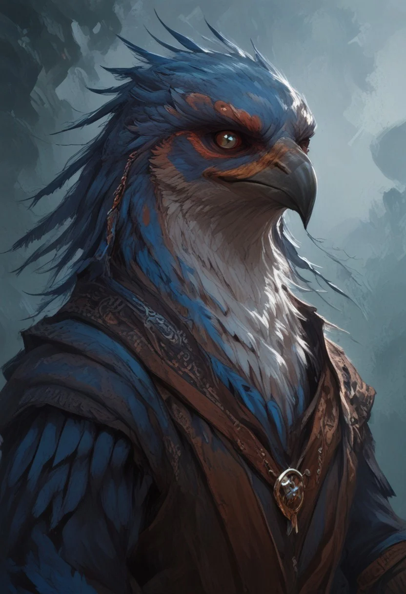 (((beautiful, high quality))), score_9, score_8_up, score_7_up, BREAK, beautiful, cute, Furry bird, 1boy, solo, Aarakocra, blue grey feathers, 20 years old, white sclera, upper body, serene expression, floating islands background