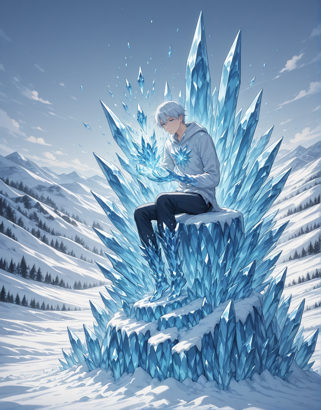 man,man sitting,yazloba,crystalform, crystal transformation,background: snow, snowfield, snowy hills, <lora:V2.ya_arcane_elements:1>