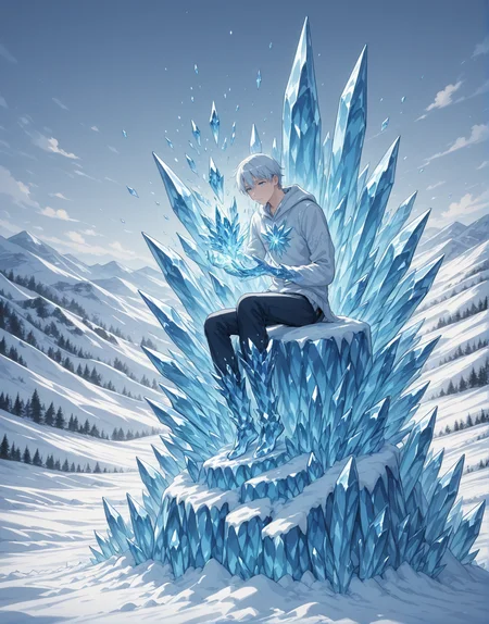 man,man sitting,yazloba,crystalform, crystal transformation,background: snow, snowfield, snowy hills, <lora:V2.ya_arcane_elements:1>