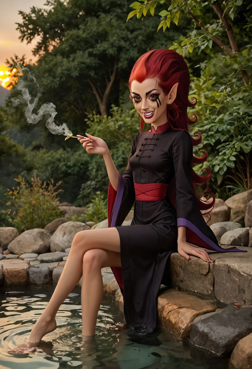 masterpiece,best quality, highly detailed, score_9, score_8_up, score_7_up, score_6_up,source_cartoon,
BREAK
wuya 1girl, black dress, solo, long hair, red hair, pointy ears, green eyes, makeup, lipstick, facepaint, smile, fangs, wide sleeves, barefoot,
BREAK
Sitting in a chair, look out over the water,
BREAK
Sunset, Beautiful Sunset,
BREAK
Outdoors,, Onsen, Steam, Rising Steam, ornate, intricate, fantasy, detailed background, colorful,