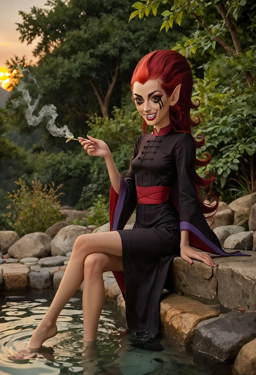 masterpiece,best quality, highly detailed, score_9, score_8_up, score_7_up, score_6_up,source_cartoon,
BREAK
wuya 1girl, black dress, solo, long hair, red hair, pointy ears, green eyes, makeup, lipstick, facepaint, smile, fangs, wide sleeves, barefoot,
BREAK
Sitting in a chair, look out over the water,
BREAK
Sunset, Beautiful Sunset,
BREAK
Outdoors,, Onsen, Steam, Rising Steam, ornate, intricate, fantasy, detailed background, colorful,