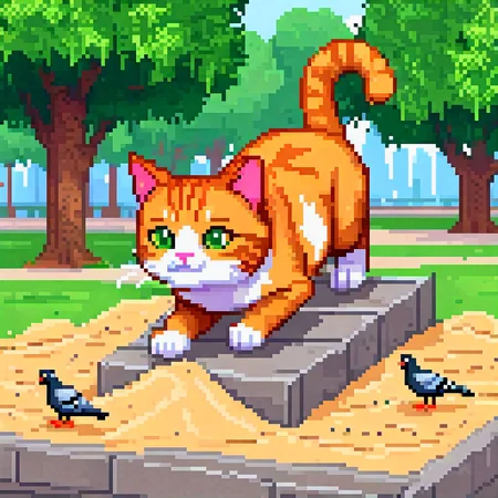 Pixel Art, 64, ginger cat in a city park, playing, slide, slipping, climbing, fun, pigeons, sand, comic style,