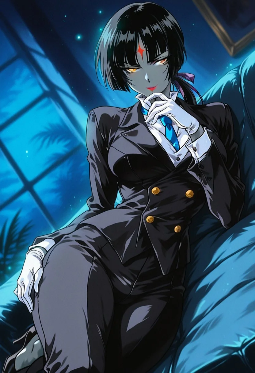 LuluBellDGR, 1girl, solo, colored skin, grey skin, facial marks, black hair, long hair, blunt bangs, ponytail, hair ribbon, yellow eyes, sunglasses, lips, red lipstick, formal suit, pant suit, black jacket, white shirt, blue necktie, large breast, white gloves, black pants, black shoes, thick thighs, high heels,
,seductive pose, sexy pose, tease,
masterpiece, best quality, fine details, intricate details, depth of field, subsurface scattering, bokeh,
ultra-detailed, very aesthetic, detailed background, newest, scenery, highres, absurdres, colorful, vibrant, glowing, perfect face, 2d, perfect eyes, vibrant saturated colors, volumetric lighting, sharp, detailed eyes, perfect anatomy, perfect face, perfect eyes, mature body, clear eyes, beautiful eyes, athletic, curvy body, athletic girl, perky tits, perfect tits, round breasts, pinup pose, teasing, lustful expression, perfect hands,
muscular female, dutch angle,
,lying sideways on a couch, seductive smirk, night, shy, light particles, glowing, fireflies, blurry background, futanari, bulge,
,Smooth Negative, Smooth_Quality,
90s_anime_aesthetic, 1990s (style), retro, retro artstyle,dark_fantasy_style, dark fantasy, retro,
