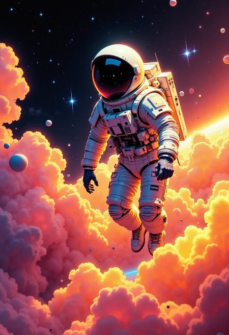 Vivid photo, masterpiece, high-quality, high contrast, smoke effects, motion blur, dynamic lighting, Create an image of an astronaut floating in space, their suit reflecting soft yellows and pinks against the dark sky. The distant planet below them has hues of peach and orange, while faint stars sparkle in shades of white and pink. This piece uses a gentle yet vibrant color palette, evoking a sense of awe and mystery, like a surreal, colorful space illustration.