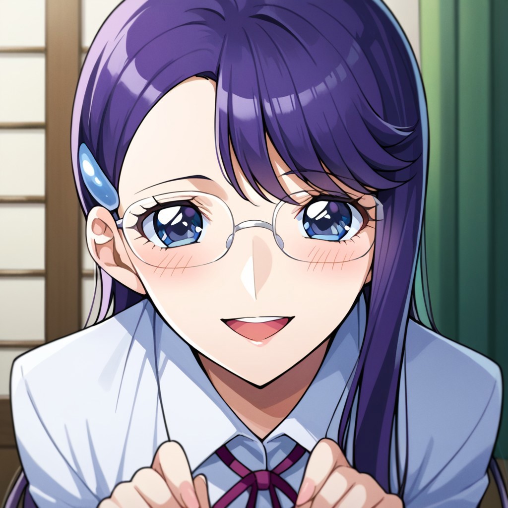 score_9, score_8, score_7, source_anime, tsukikage yuri, glasses, hairclip, POV, looking at viewer, blush, smile, open mouth, upper teeth only