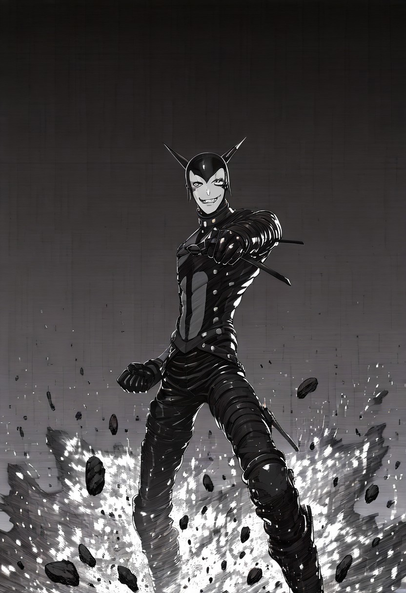 masterpiece, best quality, tsutomu nihei, insane harlequin, dynamic character, (close-up:0.2), (explosion:0.9), (broken concrete:0.9),  asymmetrical, monochrome