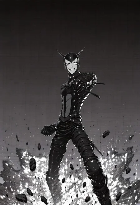 masterpiece, best quality, tsutomu nihei, insane harlequin, dynamic character, (close-up:0.2), (explosion:0.9), (broken concrete:0.9), asymmetrical, monochrome