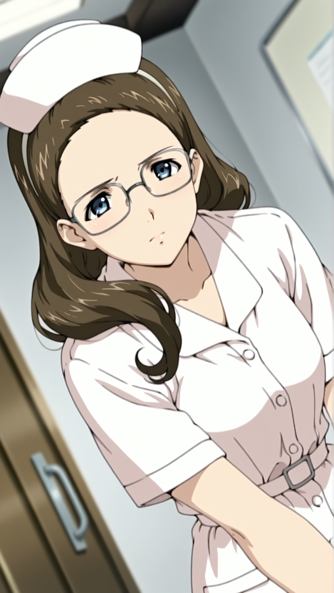 source_anime, general, best quality, masterpiece, 1girl,  <lora:Marie_ill:1> marie\(gunxsword\),blue eyes,tareme,brown hair,long hair,glasses,mature,nurse,  nurse cap, hairband, serious,   dynamic pose, dutch angle,