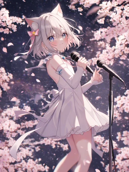 1girl,cherry blossoms,hair flower,pink flower,hair ribbon,cat ears,animal ear fluff,blue eyes,grey hair,short hair,bangs,hair between eyes,eyebrows visible through hair,blush,closed mouth,light smile,neck ribbon,white dress,crease,frilled_collar,detached_sleeves,flat chest,
microphone,microphone stand,holding,cube,zettai ryouiki,holding microphone,looking at viewer,open mouth,floating hair,star (sky),feet out of frame,hair between eyes,blurry,standing,from side,white shirt,holding microphone stand,starry sky,depth of field,sky,
<lora:Renren_1-000044:1>,