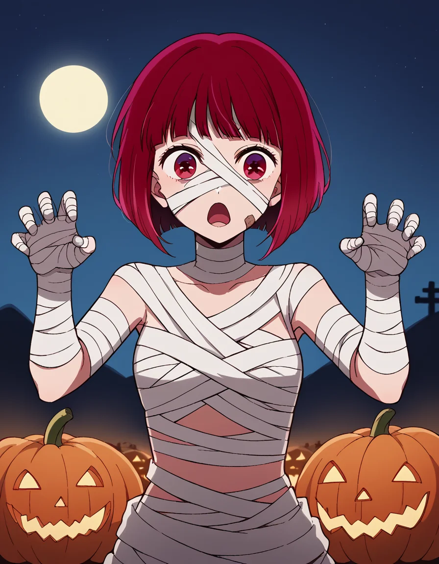 score_9, score_8_up, score_7_up, source_anime, kanaarima, <lora:kana-arima-s1-ponyxl-lora-nochekaiser:1>, kana arima, short hair, bangs, red eyes, red hair, bob cut,, <lora:mummy-costume-ponyxl-lora-nochekaiser:1>, mummy costume, bandages, halloween costume, bandaged arm, zombie pose, bandage on face,, desert, moon, night, open mouth,, cowboy shot
