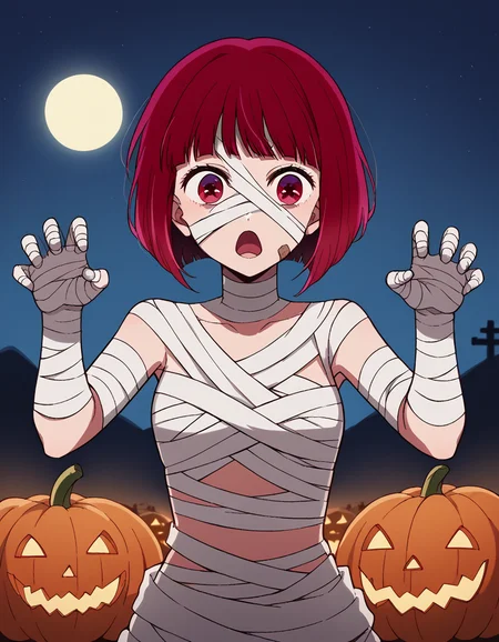 score_9, score_8_up, score_7_up, source_anime, kanaarima, <lora:kana-arima-s1-ponyxl-lora-nochekaiser:1>, kana arima, short hair, bangs, red eyes, red hair, bob cut,, <lora:mummy-costume-ponyxl-lora-nochekaiser:1>, mummy costume, bandages, halloween costume, bandaged arm, zombie pose, bandage on face,, desert, moon, night, open mouth,, cowboy shot