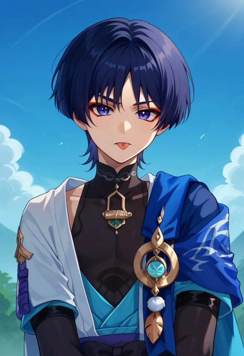 score_9, score_8_up, score_7_up, source_anime, highly detailed,
scaramou,1boy, male focus, solo, indigo hair, short hair, bangs, purple eyes, red eyeshadow, japanese clothes, mandarin collar, shirt, black shirt, sleeveless, vest, blue vest, open vest, cape, blue cape, elbow gloves, black gloves, fingerless gloves, kote, tongue out,
frown, looking at viewer,
outdoor,
