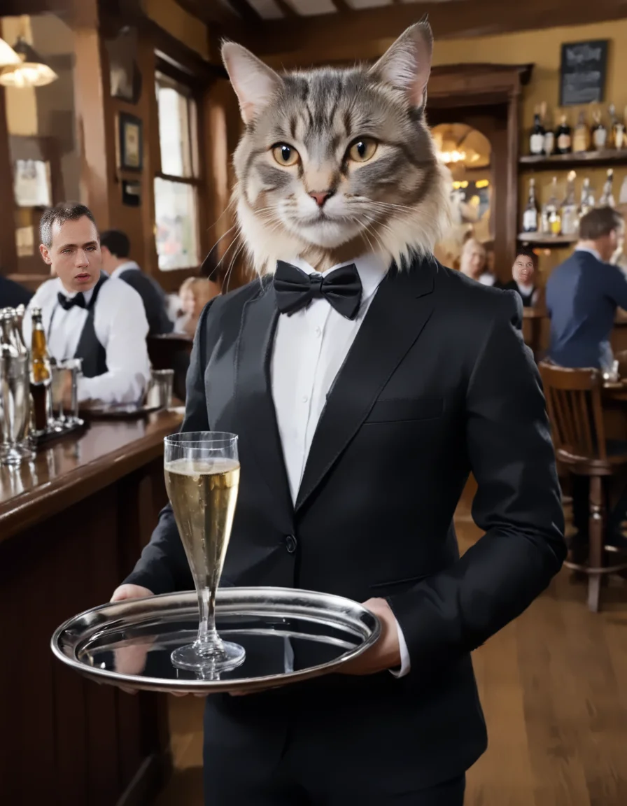 serxyz drinksdrinks , front view , (cat in suit) with a tray in a crowded pub <lora:Serving:1>