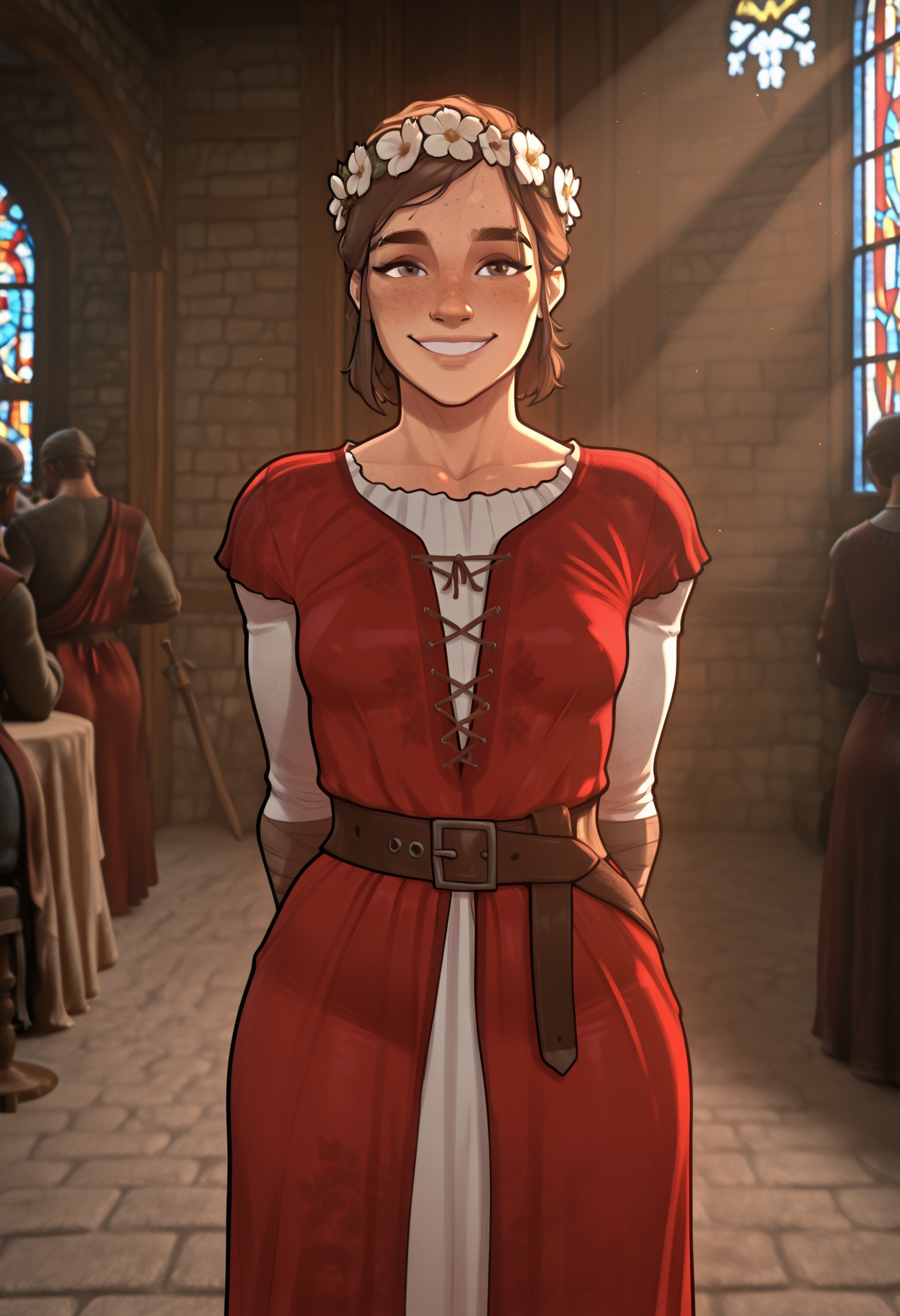 masterpiece,best quality, beautiful lighting, mrporty, god rays,1girl, solo, EllieLOU, brown hair, medium hair, small breasts, hazel eyes, eyebrow slit, freckles, flower crown, medieval laced gown, gown, standing looking at viewer, smiling, happy, hands behind back,  large leather belt, white gown, red gown, depth of field, blurry background, royal banquet hall, long tables, lavish decorations, anonymous crowd of people, blurry people, medieval people, stained glass window,