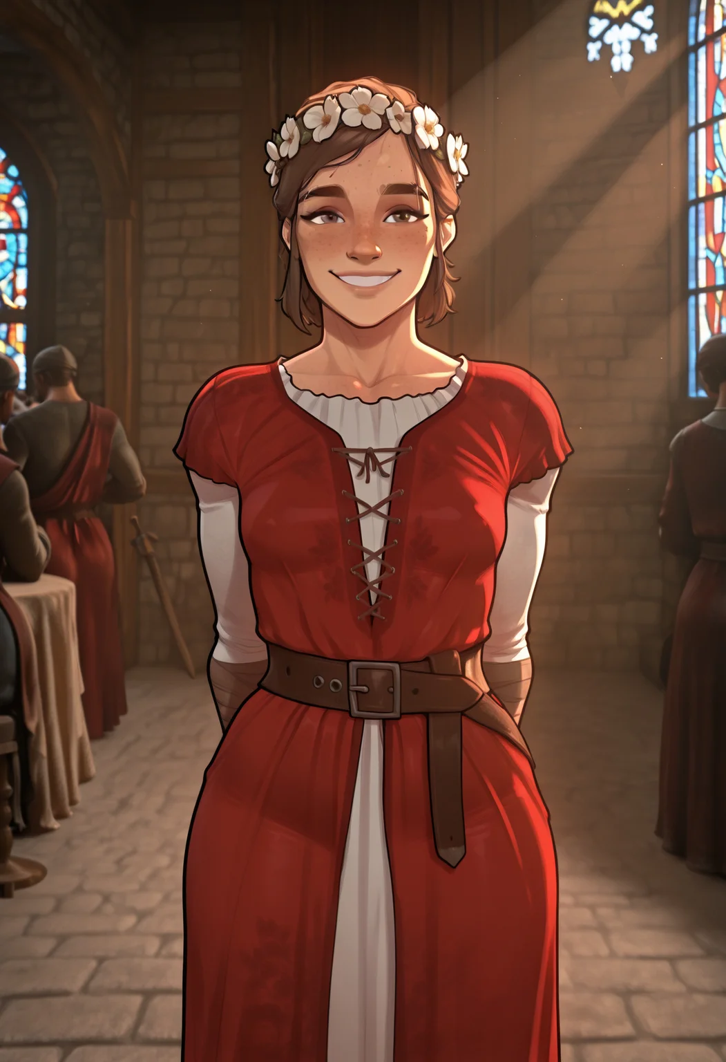 masterpiece,best quality, beautiful lighting, mrporty, god rays,1girl, solo, EllieLOU, brown hair, medium hair, small breasts, hazel eyes, eyebrow slit, freckles, flower crown, medieval laced gown, gown, standing looking at viewer, smiling, happy, hands behind back,  large leather belt, white gown, red gown, depth of field, blurry background, royal banquet hall, long tables, lavish decorations, anonymous crowd of people, blurry people, medieval people, stained glass window,