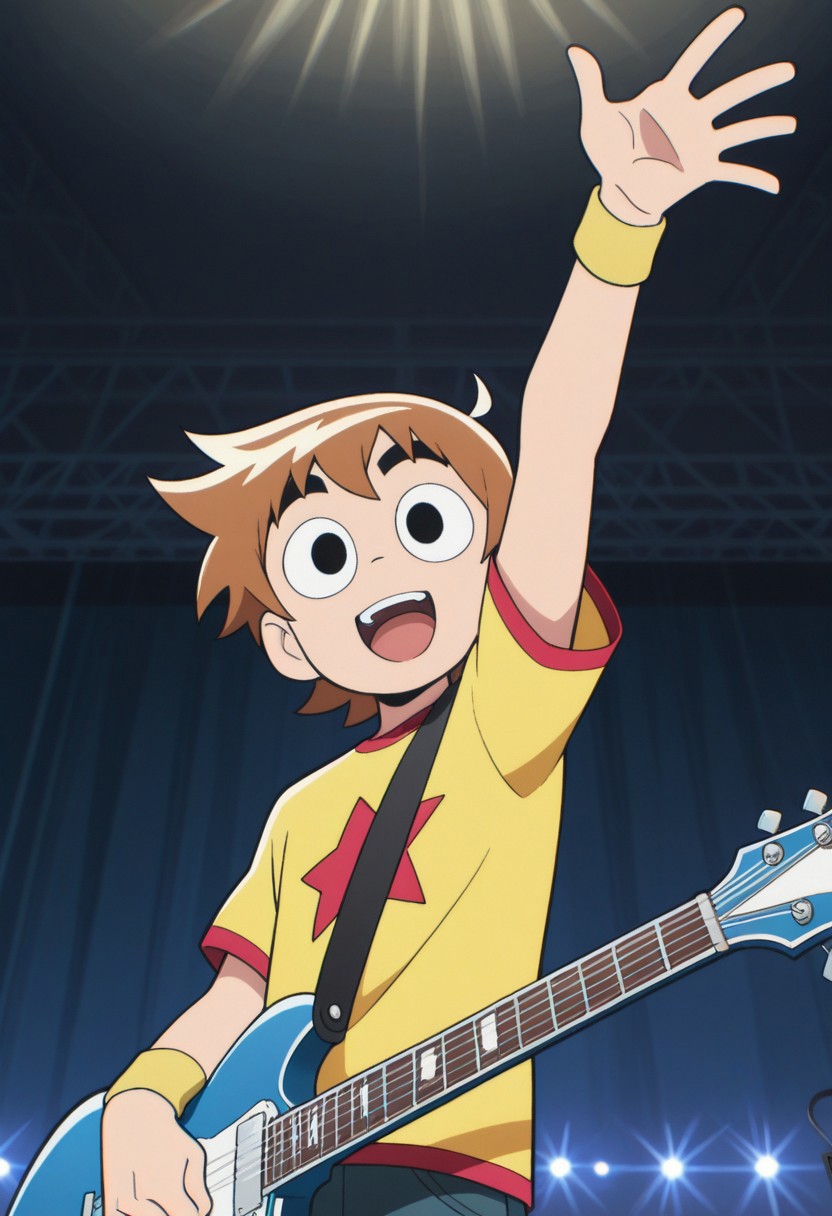 masterpiece,best quality,amazing quality, source_anime,
scotpilgr, 1boy, male focus, solo, black eyes, brown hair, short hair, t-shirt, yellow shirt, star (symbol), wristband, upper body,
indoor, stage, lights, electric guitar, smile, open mouth, happy