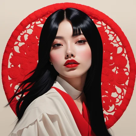 <lora:tj:0.8>,tj,1girl,solo,black hair,makeup,red lips,simple background,lips,flat color,closed mouth,absurdres,delicate skin,long hair,look straight into the camera,upper body,