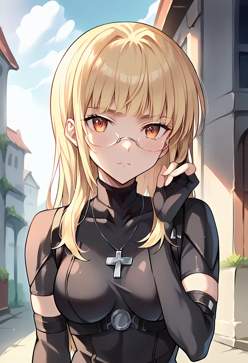 score_9, score_8_up, score_7_up, source_anime, masterpiece, 1girl, ctianperrine, (blonde hair), ctianle, black unitard, silver cross necklace, elbow gloves, fingerless gloves, skin tight, upper body, hand up, portrait,  outdoors, looking at viewer, <lora:Xenovia_suit_pony_ct_v3:0.9>,   <lora:Perrine_Strike_Witches_Pony_ct:1>