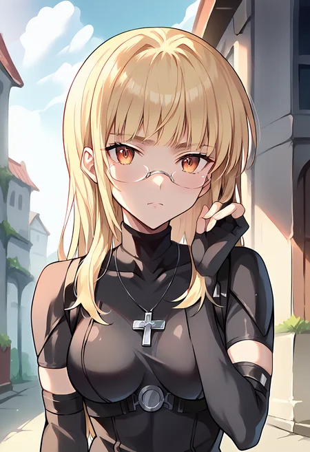 score_9, score_8_up, score_7_up, source_anime, masterpiece, 1girl, ctianperrine, (blonde hair), ctianle, black unitard, silver cross necklace, elbow gloves, fingerless gloves, skin tight, upper body, hand up, portrait, outdoors, looking at viewer, <lora:Xenovia_suit_pony_ct_v3:0.9>, <lora:Perrine_Strike_Witches_Pony_ct:1>