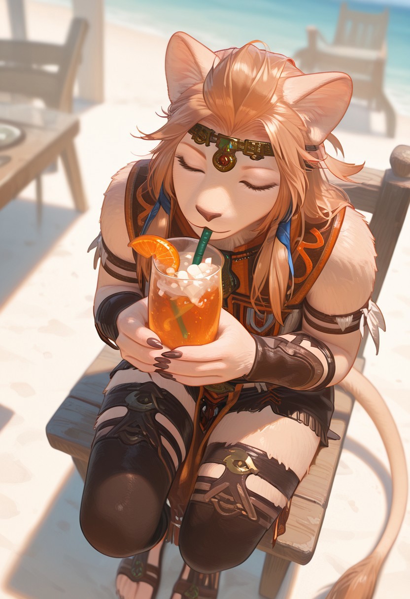 masterpiece, best quality, amazing quality, absurdres, 
score_9, score_8_up, score_7_up BREAK, solo focus, depth of field,
Expressiveh, 1girl,
wuklamat, solo, 1girl, body fur, animal nose, claws, long fingernails, black fingernails, tail, green eyes, long orange hair,
tribal armor, circlet, brown armguards, brown legguards, brown sandals
(furry girl), fur, animal ears, lion tail, 
wide hips, sexy, perfect body,, 
((closed eyes)),
(beach), (beach background), (indoors), sitting at a table, chair, view from above, (drinking juice), (juice glass with a straw),