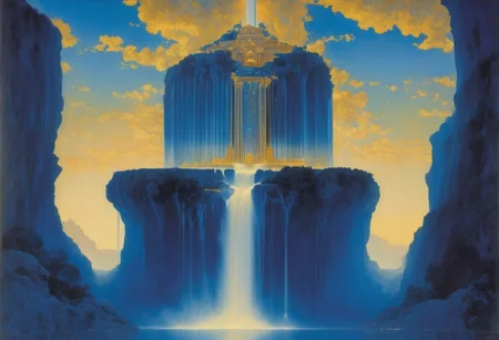 award winning painting of a floating castle in the air, a waterfall flows from the castle to the ground, epic composition, detailed, parts made of deep blue crystal, intricate, Maxfield Parrish Style page