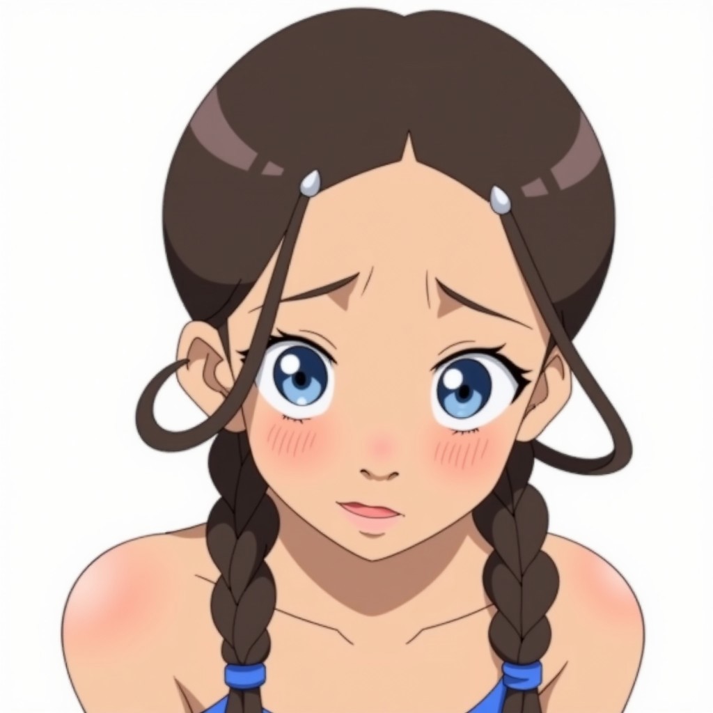 the image is a digital drawing in a clean, anime-style format. the subject is a young woman with a light brown skin tone and dark brown hair styled in two long braids, tied with blue ribbons. she has large, expressive blue eyes and a small, slightly upturned nose. her cheeks are flushed, suggesting embarrassment or excitement. she is leaning forward, her body language indicating a playful or submissive pose., katara atla