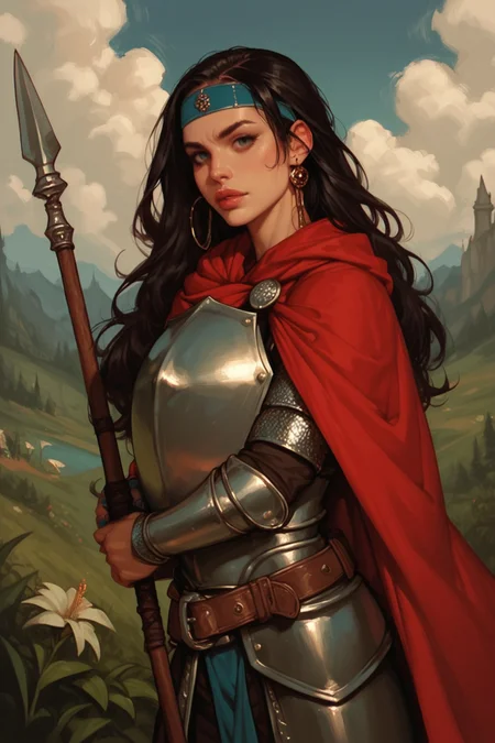 1girl, weapon, polearm, shield, solo, black hair, holding, holding polearm, holding weapon, spear, , jewelry, nail polish, outdoors, earrings, cape, long hair, holding shield, looking at viewer, armor, red cape, blurry, sky, belt, headband, cloud, blue nails, blurry background, lips, zPDXL3, detailxl, Score_PnyReal