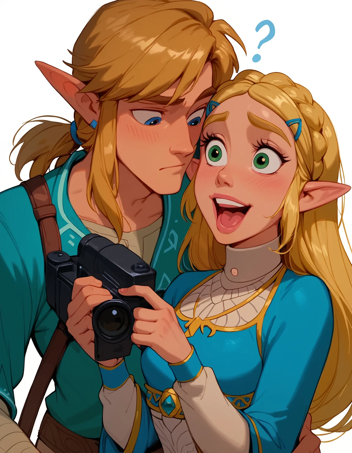 <lora:Disney_Style:.9> <lora:princess_xl_v2:.75> <lora:add-detail-xl:.9> <lora:g0th1cPXL:.3> <lora:Cherry-Gig:.45> <lora:Expressive_H:1> <lora:PLASTT_PonyV6:1> score_9, score_8_up, score_7_up, zPDXL, DisneyRenstyle, score_9,score_8_up,score_7_up,score_6_up, score_9, score_8_up, score_7_up, 1 girl, 1 guy, couple, Princess Zelda, Link, BOTW, Breath of the Wild outfit, elf ears, pointy ears, white background, plain background, ambient lighting, standing, blue tunic, 
couple, 1 girl, princess zelda, intricate hair, messy side braid, excited expression, laughing, small breasts, wide eyes, narrow hips, petite, skinny, slender, standing, (breath of the wild outfit, blue tunic, black leggings), wide eyes, (holding camera, both hands holding camera), 
couple, 1 guy, Link, elf, pointy ears, (Breath of the Wild outfit, blue tunic, brown trousers), fit, athletic, confused expression, question marks, mouth closed, wide eyes, (one hand on hip, one hand behind head),
