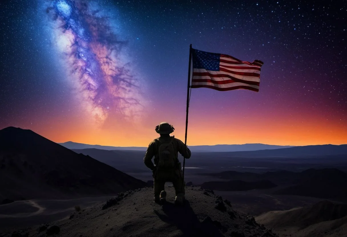 An (American Flag:1.2) blowing in the wind in a desolate volcanic valley, soldier silhouette (kneeling), left hand on pole, 50 stars, 13 stripes, (deep space, deep galactic travel background),Dark and eavil glow, glow neion paint, dark, surrealism, defined sharp edges, mystical, (multi-dimensional:1.2), psychedelic art