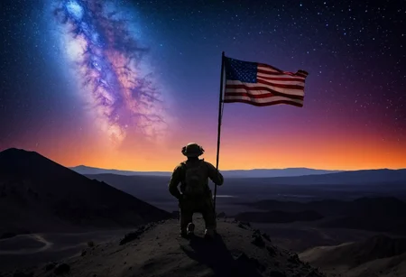 An (American Flag:1.2) blowing in the wind in a desolate volcanic valley, soldier silhouette (kneeling), left hand on pole, 50 stars, 13 stripes, (deep space, deep galactic travel background),Dark and eavil glow, glow neion paint, dark, surrealism, defined sharp edges, mystical, (multi-dimensional:1.2), psychedelic art