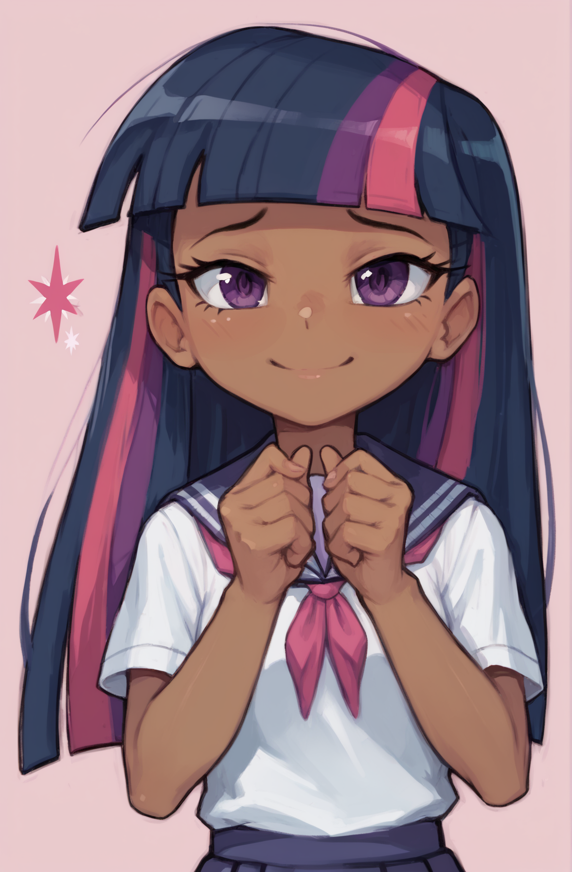masterpiece, high quality, score_9, score_8_up, 1girl, solo, handfixer, good hands, yepmelon, twilight sparkle, brown skin, school uniform,     <lora:HandFixer_pdxl_Incrs_v1:0.5>,<lora:ALTXL_pony_0061_8:1>,<lora:Pony_QualityV4.0:1>,<lora:Yep_Melon_Style:1>