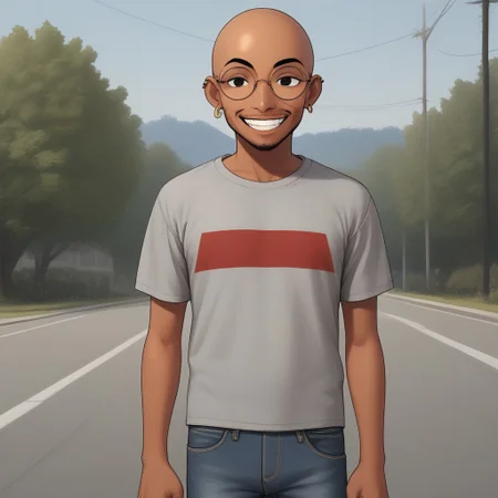 solo,outdoors,posing,smile,1boy,tanned skin,bald,beard stubble, black eyes,grey t-shirt with red stripe,jeans,round glasses,single earring